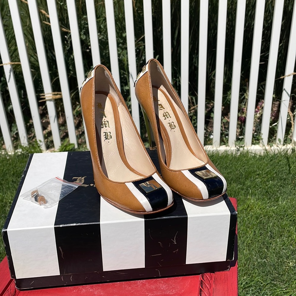 L.A.M.B. Gold Heeled Camel Pumps